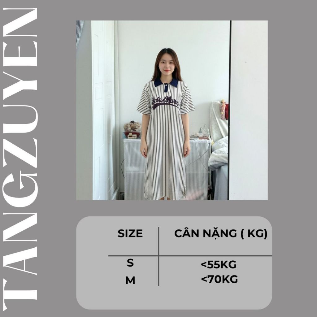 Đầm cổ bẻ Váy polo suông dài form rộng kẻ sọc phối chữ xanh than cộc tay  maxi bigsize bầu chubby chữ sau lưng T1349G