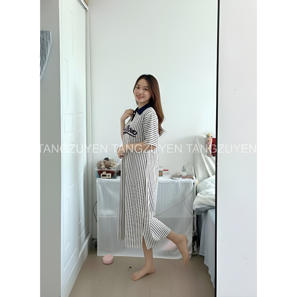 Đầm cổ bẻ Váy polo suông dài form rộng kẻ sọc phối chữ xanh than cộc tay  maxi bigsize bầu chubby chữ sau lưng T1349G