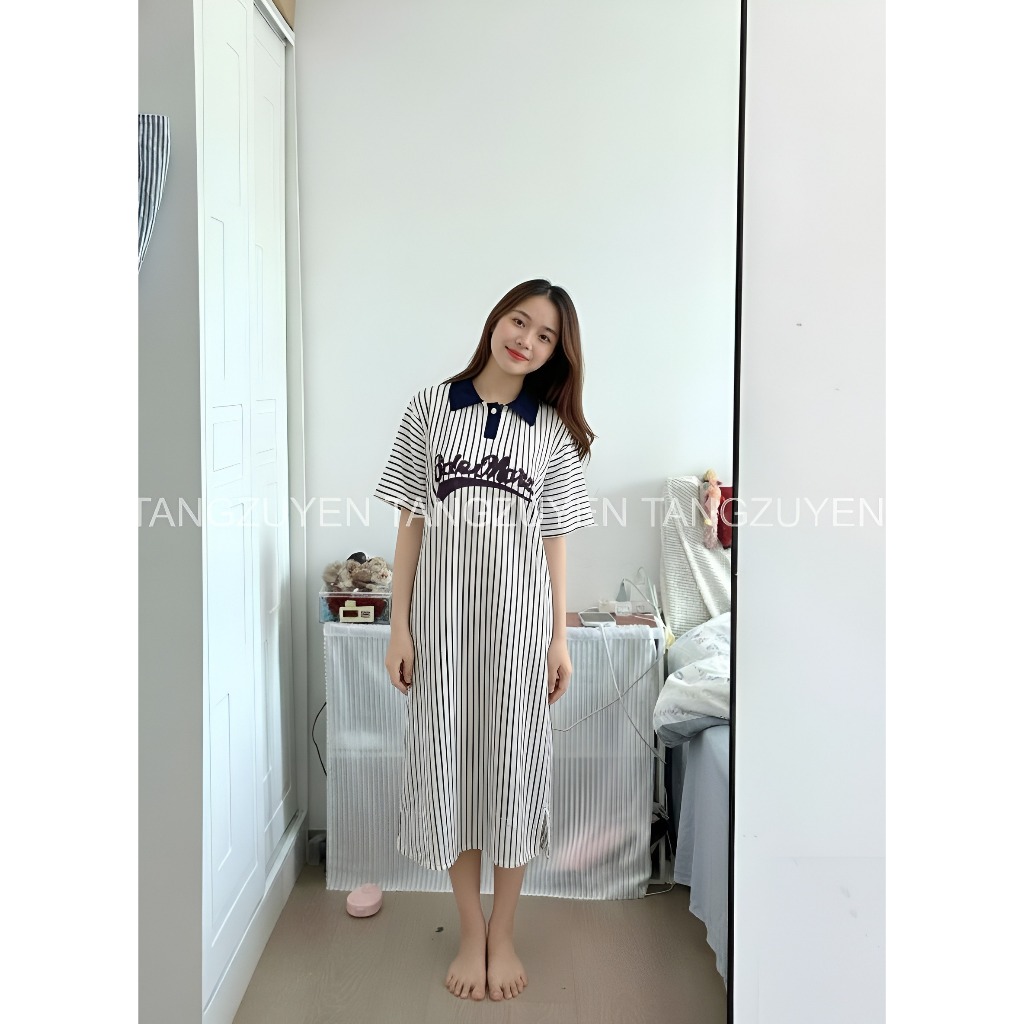 Đầm cổ bẻ Váy polo suông dài form rộng kẻ sọc phối chữ xanh than cộc tay  maxi bigsize bầu chubby chữ sau lưng T1349G
