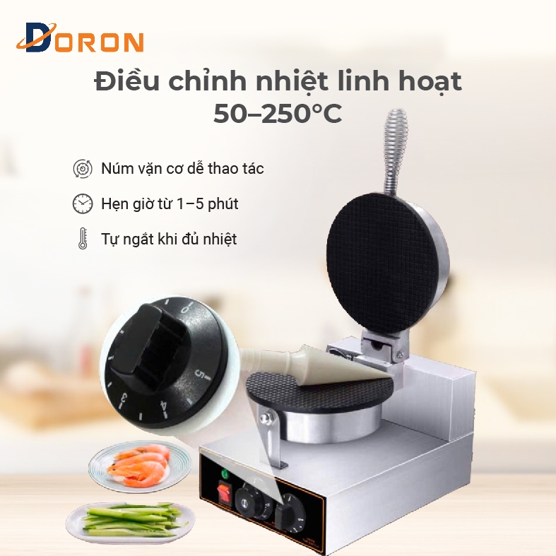 Máy làm bánh ốc quế 1200W điều chỉnh 50 - 250 độ, làm nóng nhanh