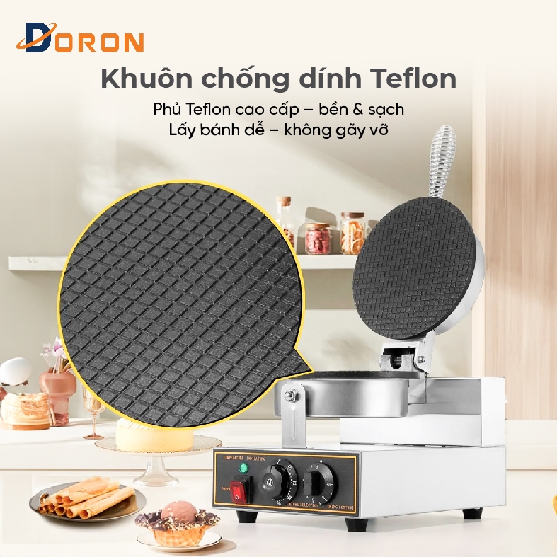 Máy làm bánh ốc quế 1200W điều chỉnh 50 - 250 độ, làm nóng nhanh