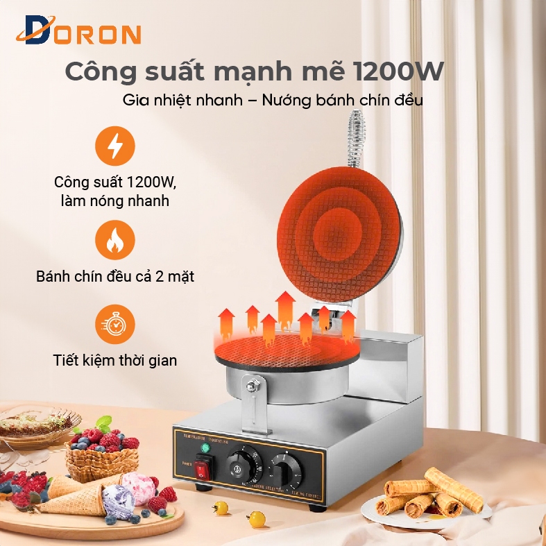 Máy làm bánh ốc quế 1200W điều chỉnh 50 - 250 độ, làm nóng nhanh