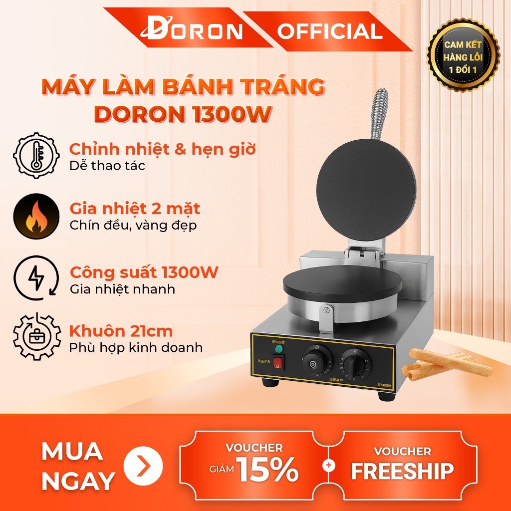 Máy làm bánh tráng, bánh quế DORON 1300W làm nóng đều 2 mặt khuôn, bánh thơm ngon