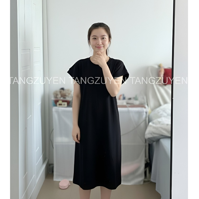 Váy thun suông không cổ cộc tay cánh tiên 2 lớp đen nâu dáng dài Đầm nữ form rộng bầu mặc được basic bigsize xinh T170G