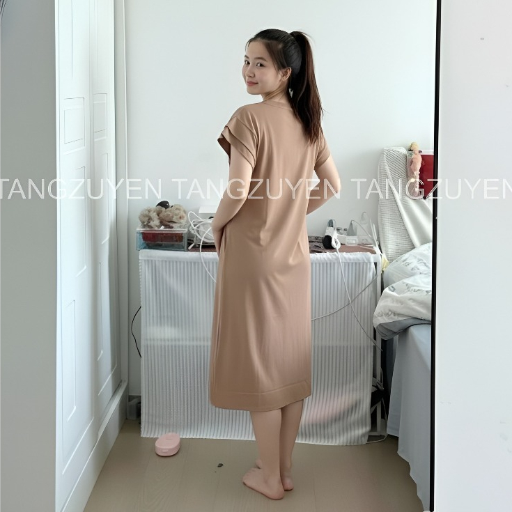Váy thun suông không cổ cộc tay cánh tiên 2 lớp đen nâu dáng dài Đầm nữ form rộng bầu mặc được basic bigsize xinh T170G