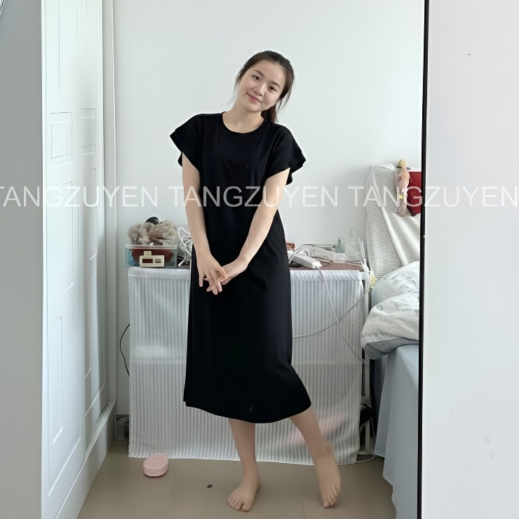 Váy thun suông không cổ cộc tay cánh tiên 2 lớp đen nâu dáng dài Đầm nữ form rộng bầu mặc được basic bigsize xinh T170G