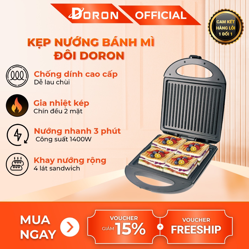 Máy nướng bánh mì DORON 1400W làm nóng đều 2 mặt khuôn, bánh thơm ngon
