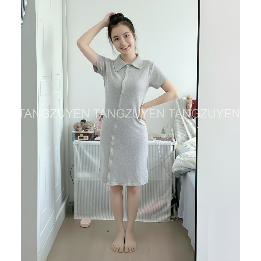 Đầm nữ polo cổ bẻ vạt chéo dài trên gối Váy thun ôm body xám đen thể thao cài cúc đơn giản trẻ trung T62G