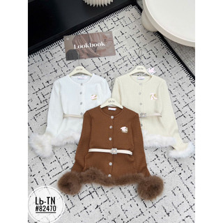 Áo len khuy đá phối lông kèm belt cổ tròn #82470