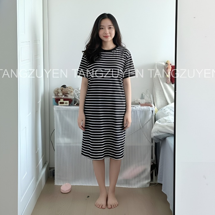 Váy thun không cổ cộc tay kẻ ngang đen trắng form rộng dáng dài Đầm suông maxi viền đen cổ tròn ngắn tay phông bầu T128G