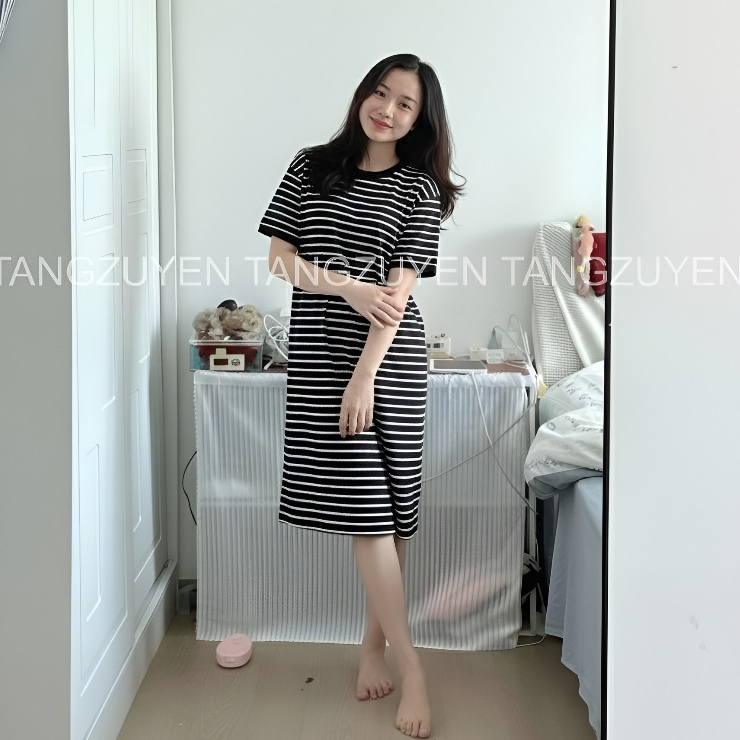 Váy thun không cổ cộc tay kẻ ngang đen trắng form rộng dáng dài Đầm suông maxi viền đen cổ tròn ngắn tay phông bầu T128G