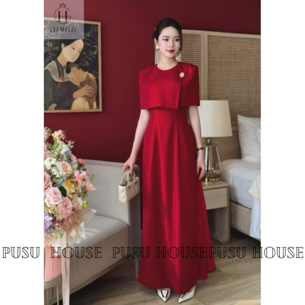 Set Áo Dài Cách Tân choàng vai Đỏ Tết Sang Trọng cao cấp ( kèm charm)- Pusu house
