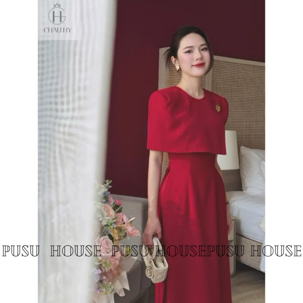 Set Áo Dài Cách Tân choàng vai Đỏ Tết Sang Trọng cao cấp ( kèm charm)- Pusu house