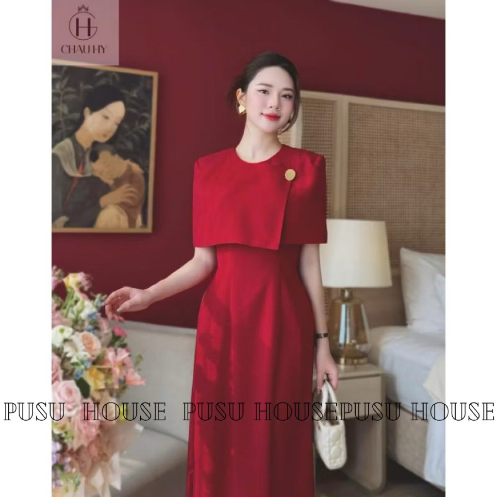 Set Áo Dài Cách Tân choàng vai Đỏ Tết Sang Trọng cao cấp ( kèm charm)- Pusu house