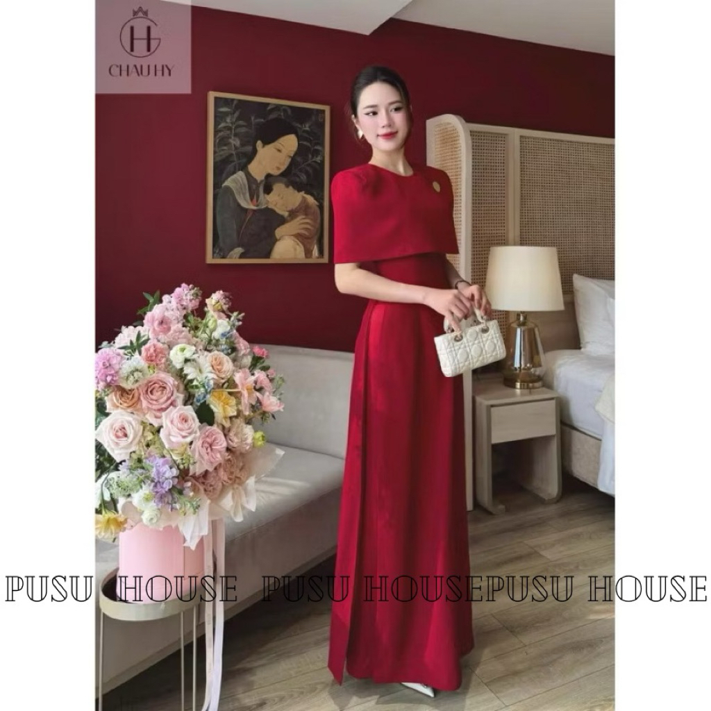 Set Áo Dài Cách Tân choàng vai Đỏ Tết Sang Trọng cao cấp ( kèm charm)- Pusu house