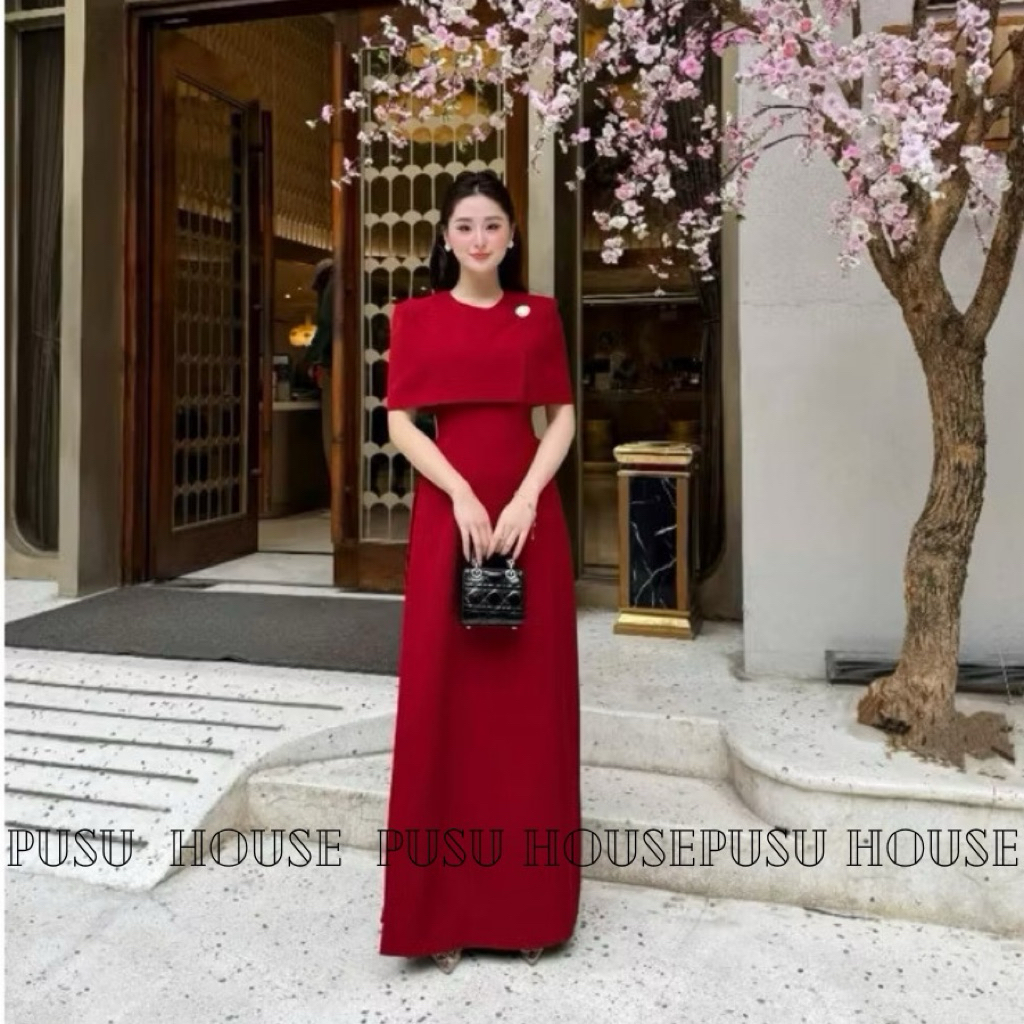 Set Áo Dài Cách Tân choàng vai Đỏ Tết Sang Trọng cao cấp ( kèm charm)- Pusu house