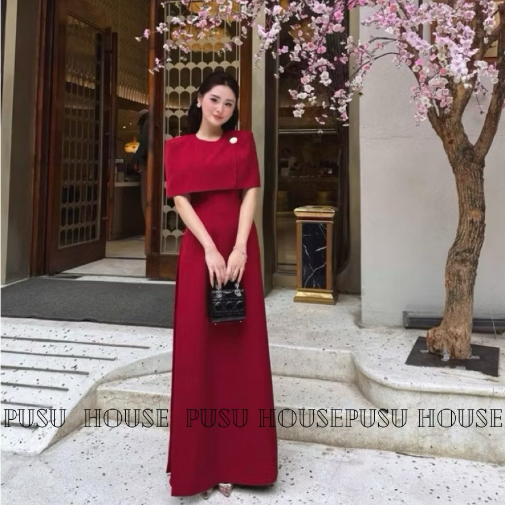 Set Áo Dài Cách Tân choàng vai Đỏ Tết Sang Trọng cao cấp ( kèm charm)- Pusu house