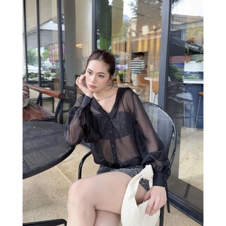 Đầm Nữ JASPER Đi Tiệc Cổ Sơ Mi Xuyên Thấu Phối Ren Lưới Sexy GOÛT DE JUN