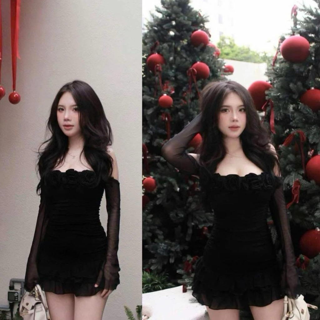 [TAY LOE]Đầm TAY LOE LƯỚI tầng voan nhúm ngắn kèm quần trong XuânMai shop