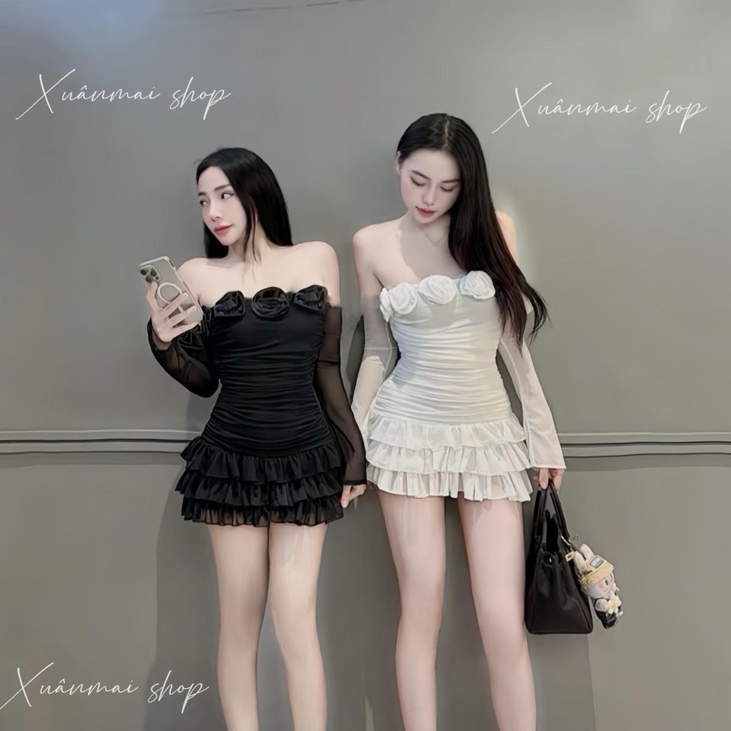 [TAY LOE]Đầm TAY LOE LƯỚI tầng voan nhúm ngắn kèm quần trong XuânMai shop