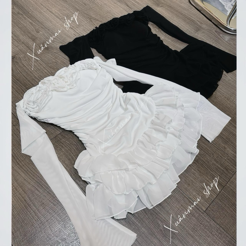 [TAY LOE]Đầm TAY LOE LƯỚI tầng voan nhúm ngắn kèm quần trong XuânMai shop