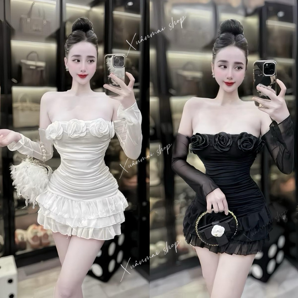 [TAY LOE]Đầm TAY LOE LƯỚI tầng voan nhúm ngắn kèm quần trong XuânMai shop