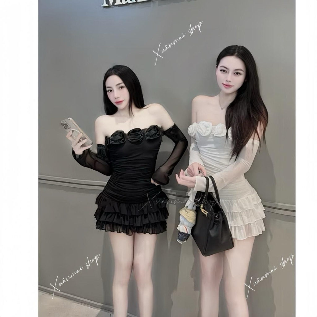 [TAY LOE]Đầm TAY LOE LƯỚI tầng voan nhúm ngắn kèm quần trong XuânMai shop