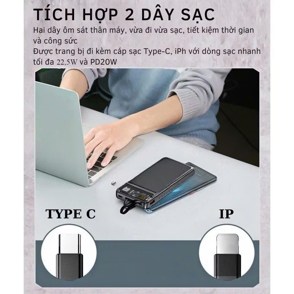 Sạc Dự Phòng 30000mAh Sạc Nhanh 22,5W PD20W Tích Hợp 2 Dây Sạc Có Màn Hình LED Dùng Cho Mọi Thiết Bị