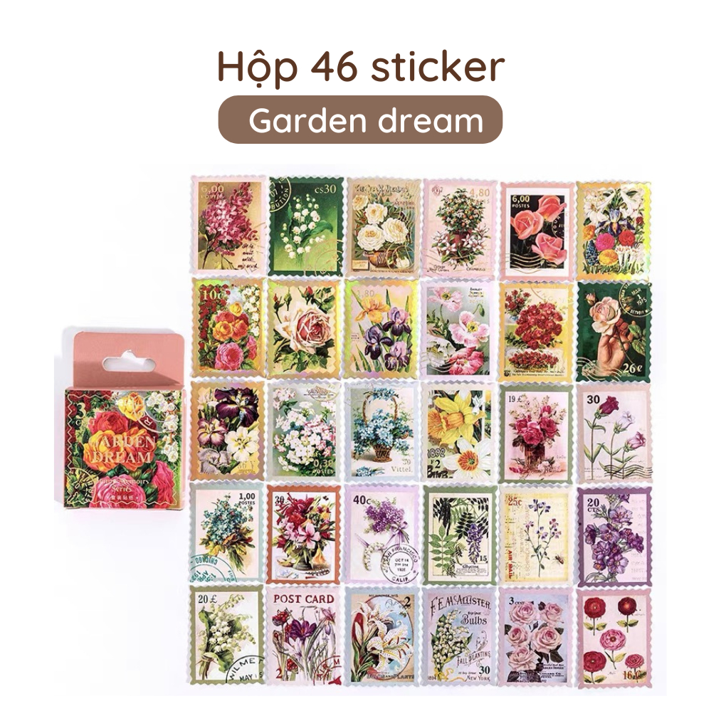 Hộp sticker tem thư Garden dream trang trí phong bì thư,bưu thiếp, quà ...