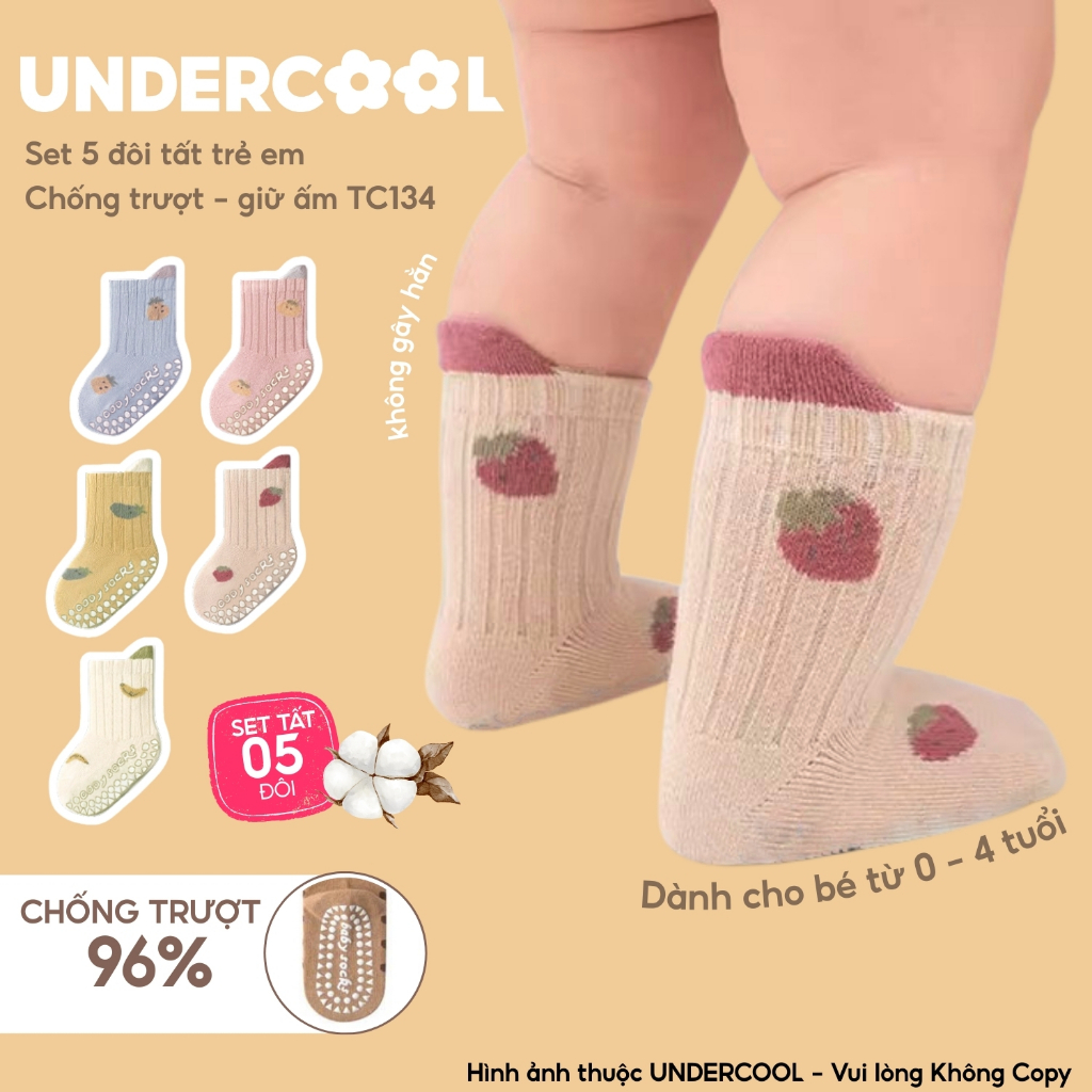 Set 5 Đôi Tất Trẻ Em Chống Trượt UNDERCOOL Combo 5 đôi Vớ Cổ Cao Giữ Ấm Cotton Cho Bé 0-4 Tuổi TC134