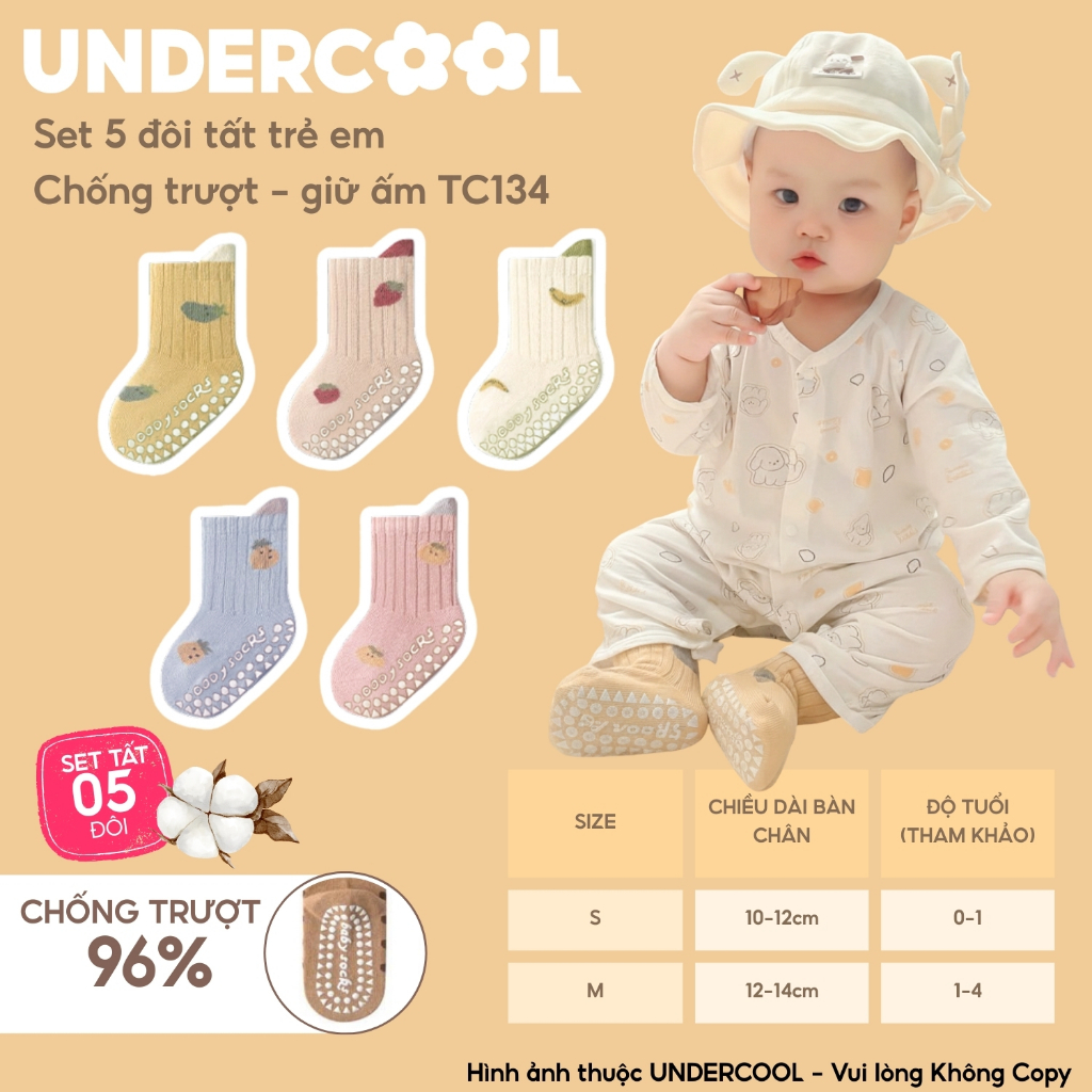 Set 5 Đôi Tất Trẻ Em Chống Trượt UNDERCOOL Combo 5 đôi Vớ Cổ Cao Giữ Ấm Cotton Cho Bé 0-4 Tuổi TC134