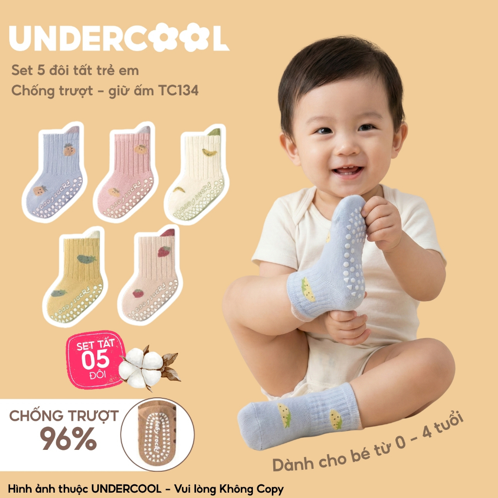 Set 5 Đôi Tất Trẻ Em Chống Trượt UNDERCOOL Combo 5 đôi Vớ Cổ Cao Giữ Ấm Cotton Cho Bé 0-4 Tuổi TC134