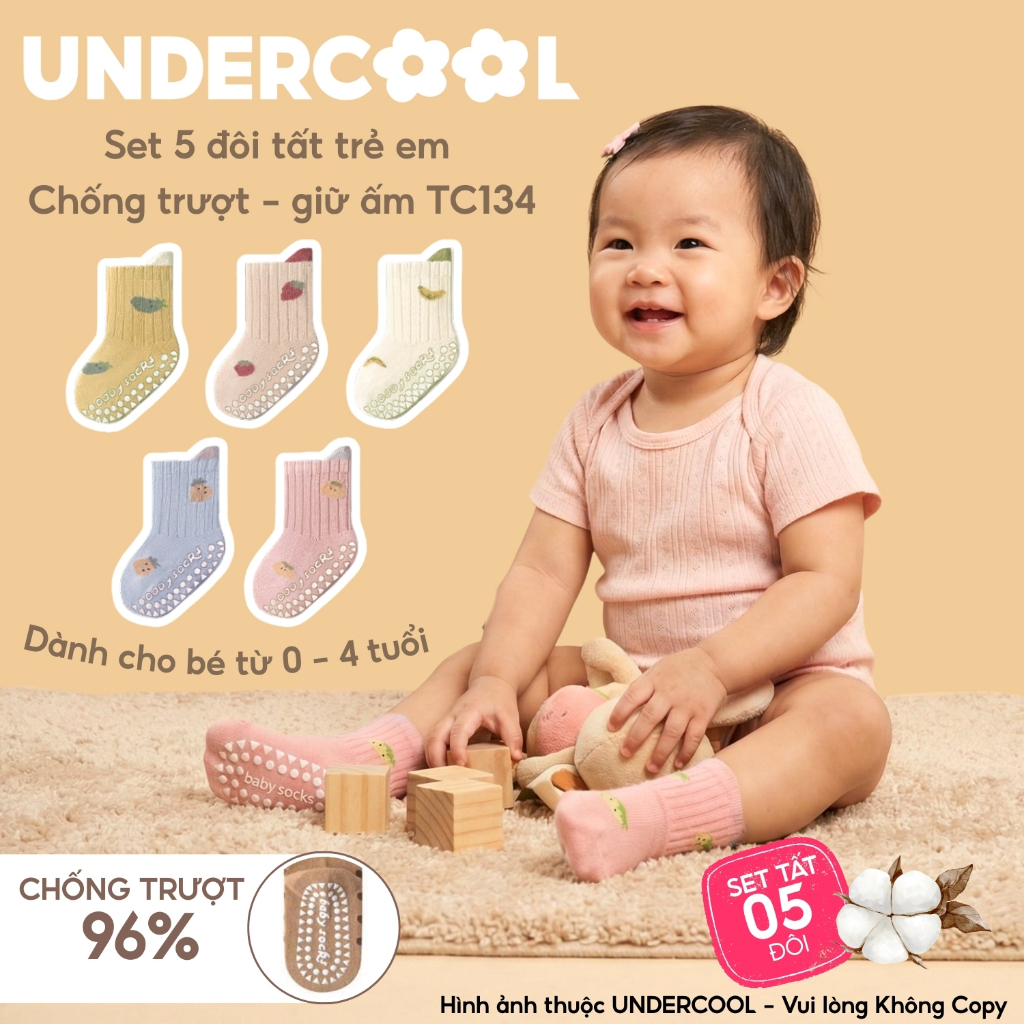 Set 5 Đôi Tất Trẻ Em Chống Trượt UNDERCOOL Combo 5 đôi Vớ Cổ Cao Giữ Ấm Cotton Cho Bé 0-4 Tuổi TC134