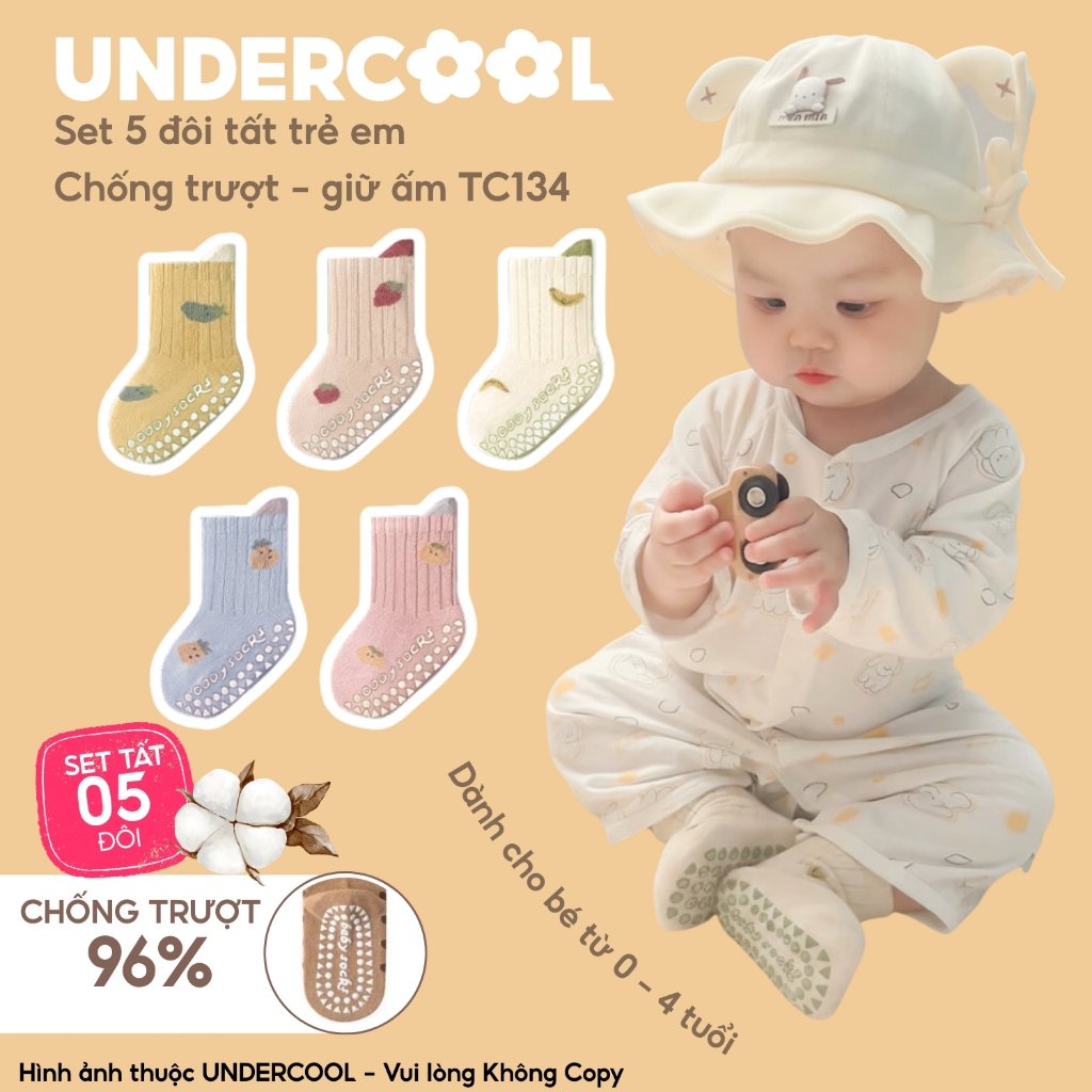 Set 5 Đôi Tất Trẻ Em Chống Trượt UNDERCOOL Combo 5 đôi Vớ Cổ Cao Giữ Ấm Cotton Cho Bé 0-4 Tuổi TC134