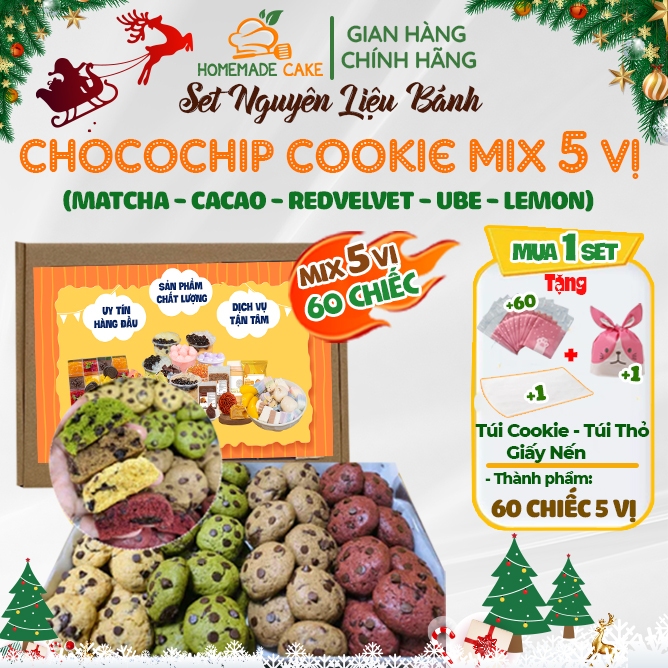 Set làm bánh Chocochip Cookie -60 chiếc Mix 5 vị- Nguyên liệu làm bánh quy Socola Chip -HomemadeCake