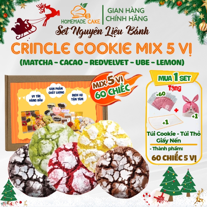 Set làm bánh Crinkle Cookie 60 chiếc mix 5 vị Nguyên liệu làm Bánh Quy phủ đường- HomeMadeCAKE