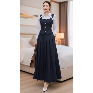 VT251103 - SET BỘ ÁO SƠ MI PHỐI GILE CHÂN VÁY XẾP LY