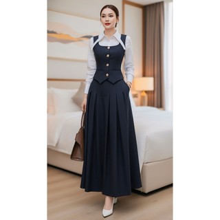 VT251103 - SET BỘ ÁO SƠ MI PHỐI GILE CHÂN VÁY XẾP LY
