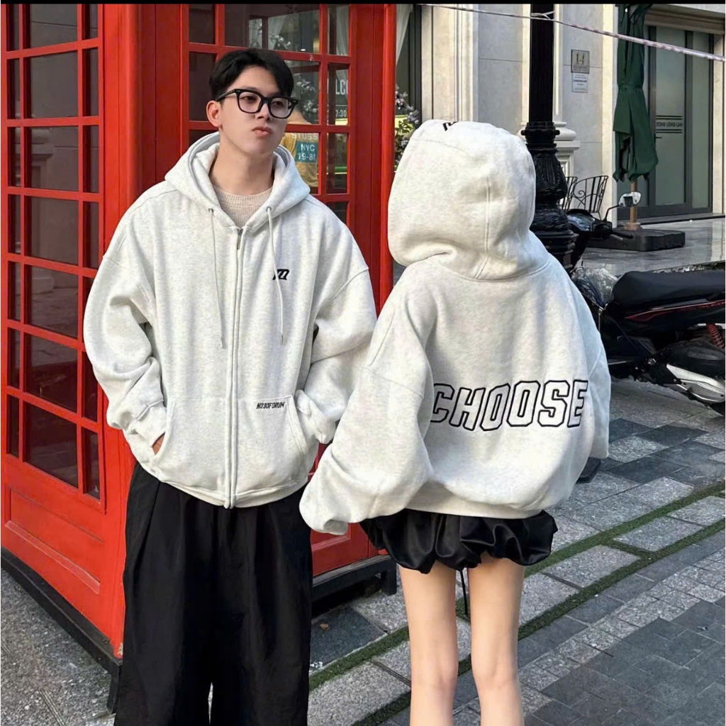 Áo Khoác Hoodie CHOOSE thêu nổi form Boxy dáng rộng vải nỉ bông dày dặn, giữ ấm tôt, khoác ngoài nam nữ