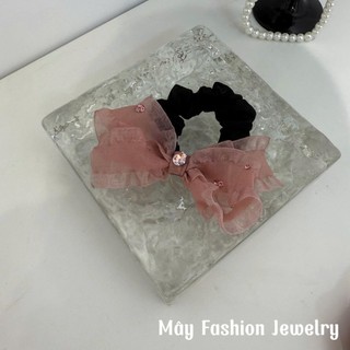 [Bộ SP Nơ Voan Hồng] Kẹp tóc 8cm, buộc tóc nơ voan hồng đính đá • Mây Fashion Jewelry - K925.14