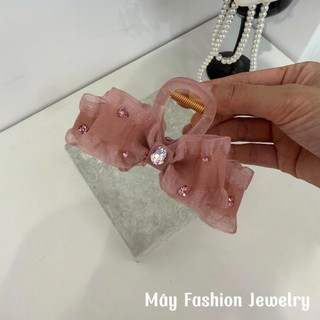 [Bộ SP Nơ Voan Hồng] Kẹp tóc 8cm, buộc tóc nơ voan hồng đính đá • Mây Fashion Jewelry - K925.14