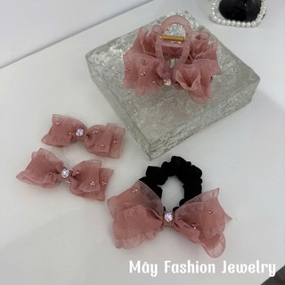 [Bộ SP Nơ Voan Hồng] Kẹp tóc 8cm, buộc tóc nơ voan hồng đính đá • Mây Fashion Jewelry - K925.14