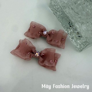 [Bộ SP Nơ Voan Hồng] Kẹp tóc 8cm, buộc tóc nơ voan hồng đính đá • Mây Fashion Jewelry - K925.14
