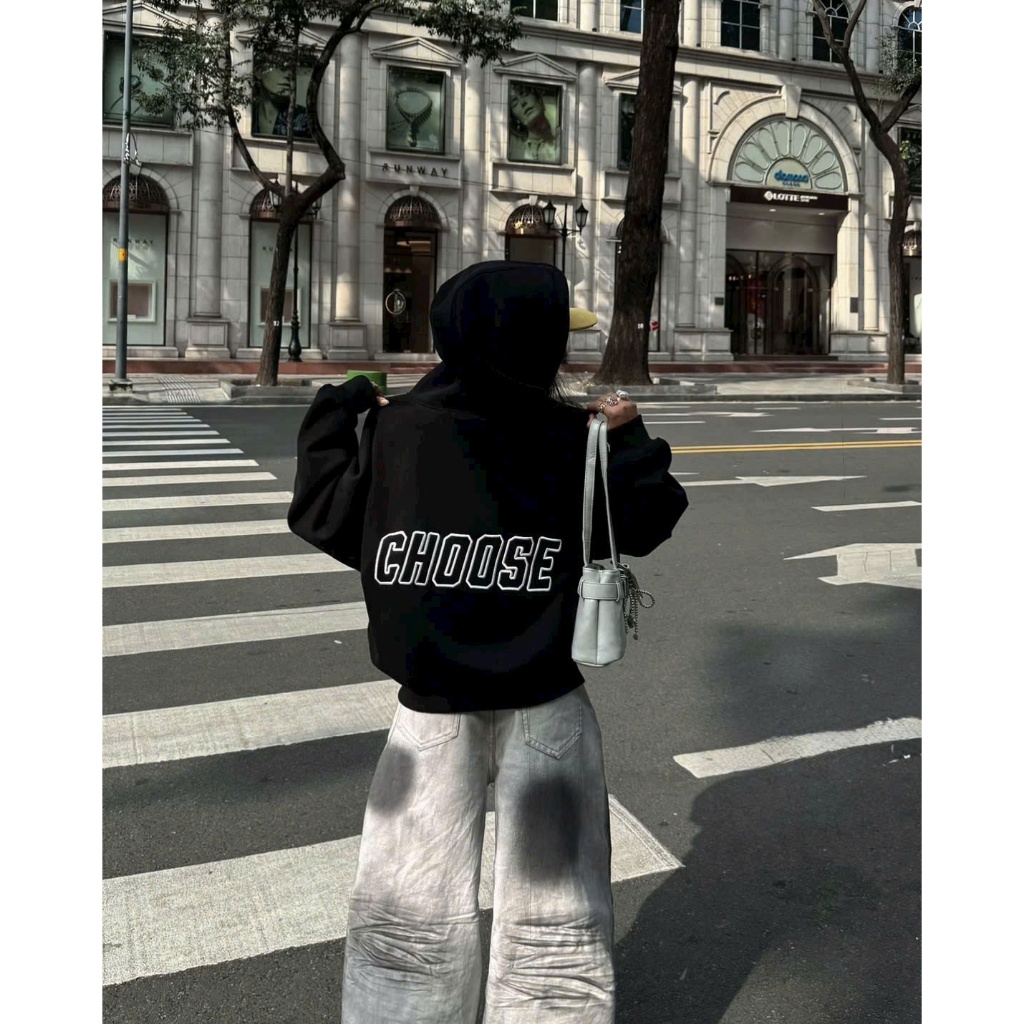 Áo Khoác Hoodie CHOOSE thêu nổi form Boxy dáng rộng vải nỉ bông dày dặn, giữ ấm tôt, khoác ngoài nam nữ