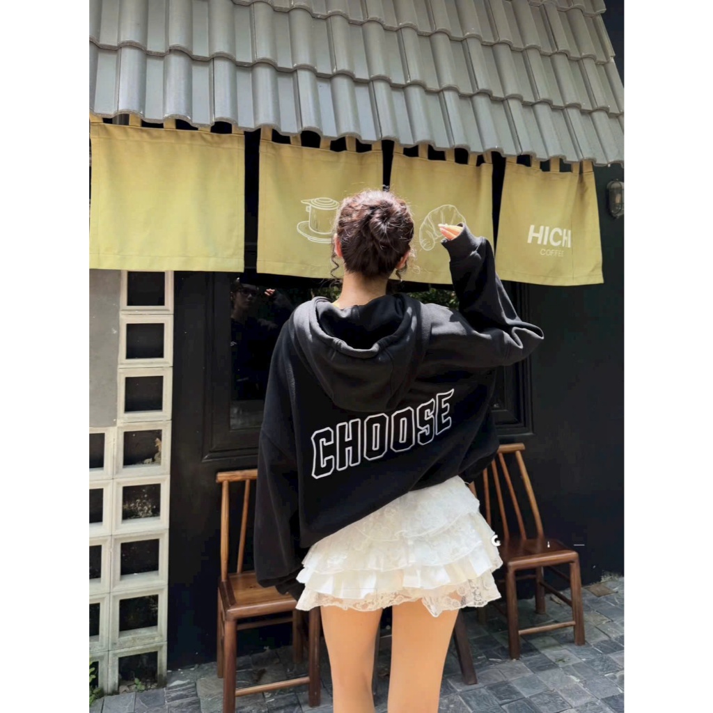 Áo Khoác Hoodie CHOOSE thêu nổi form Boxy dáng rộng vải nỉ bông dày dặn, giữ ấm tôt, khoác ngoài nam nữ