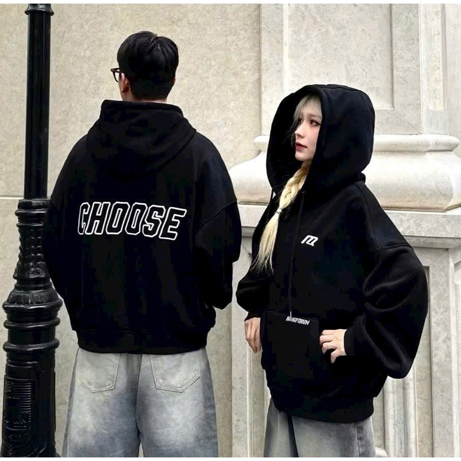 Áo Khoác Hoodie CHOOSE thêu nổi form Boxy dáng rộng vải nỉ bông dày dặn, giữ ấm tôt, khoác ngoài nam nữ