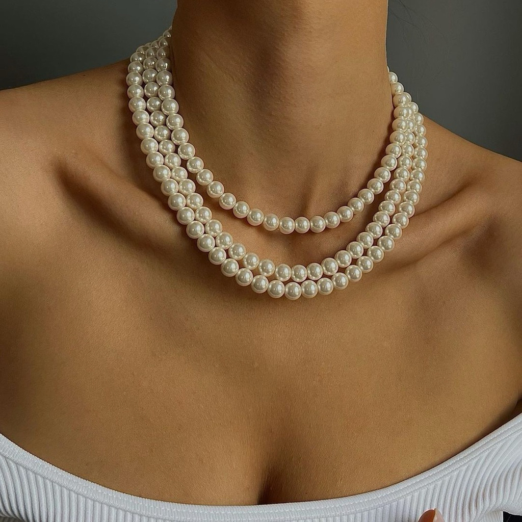 Chuỗi Hạt 3 Tầng Ngọc Trai Mang Áo Dài Loại Ngọc Trai Đá Nặng Tay Trang Sức Đi Tiệc