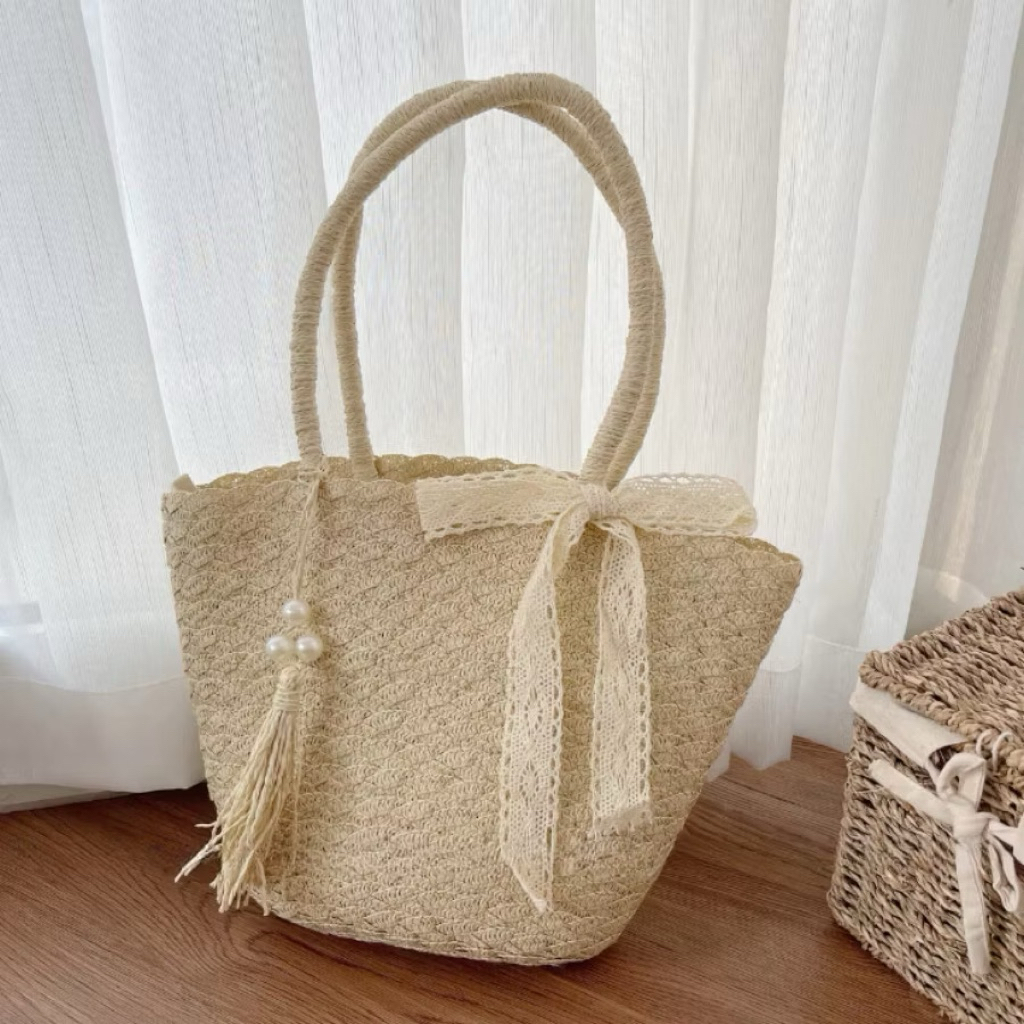 [ HCM] Combo túi mũ đi biển cho bạn gái Mũ cói nơ ren đi biển phong cách vintage BELLA