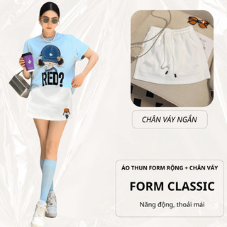 Bộ Áo Thun Nữ CHEPOL Cao Cấp, Form Rộng, Cổ Tròn, Chân Váy Ngắn, Chất Cotton (Áo Thun Xanh Biển+Chân Váy Trắng)-CP_x8598