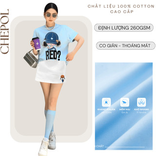 Bộ Áo Thun Nữ CHEPOL Cao Cấp, Form Rộng, Cổ Tròn, Chân Váy Ngắn, Chất Cotton (Áo Thun Xanh Biển+Chân Váy Trắng)-CP_x8598
